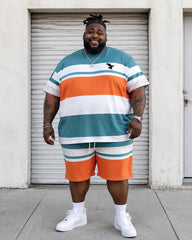 Big & Tall Men's Color Contrast Striped Flying Eagle Printed Crewneck Short Sleeve T-Shirt Shorts Set