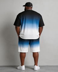 Big & Tall Men's Blue And White Gradient Stripe Anchor Printed Round Neck Short Sleeve T-Shirt Shorts Set