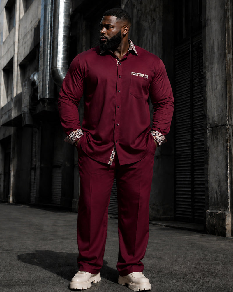 Big & Tall Men's Wine Red Contrast Printed Long Sleeve Shirt Pants Set