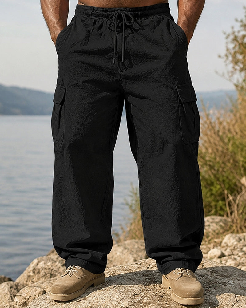 S-3XL Men's Cotton And Linen Overalls Multi-pocket Loose-fit Trousers