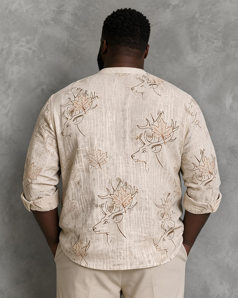 Big & Tall Men's Elk Maple Leaf Hand-painted Line Printed Stand Collar Long Sleeve Shirt