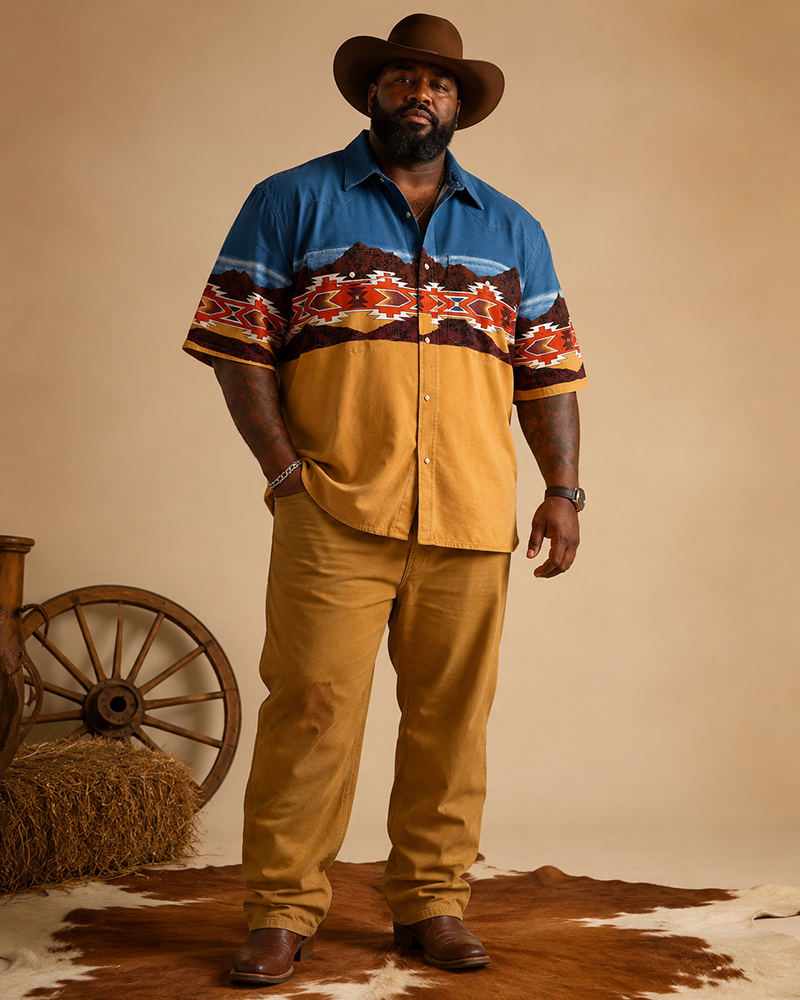 Big & Tall Men's Western Navajo Geometric Print Short Sleeve Shirt Pants Set