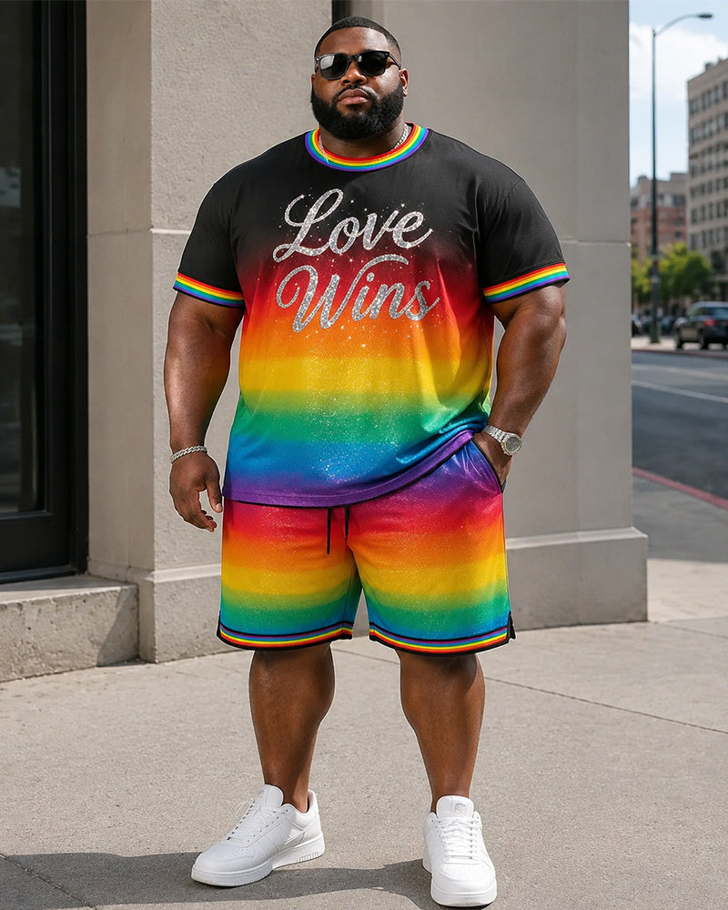 Big & Tall Men's Black Base Gradient Rainbow Love Wins Glitter Printed Round Neck Short Sleeve T-Shirt Shorts Set