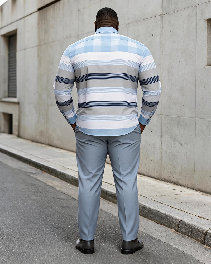 Big & Tall Men's Blue, Gray And White Horizontal Stripes Stitching Printed Long Sleeve Shirt And Trousers Set