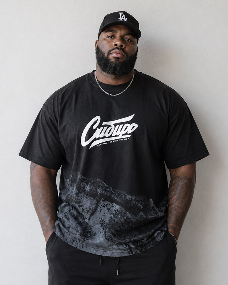 M-8XL Mountains Letter-Print Short-Sleeve Tee