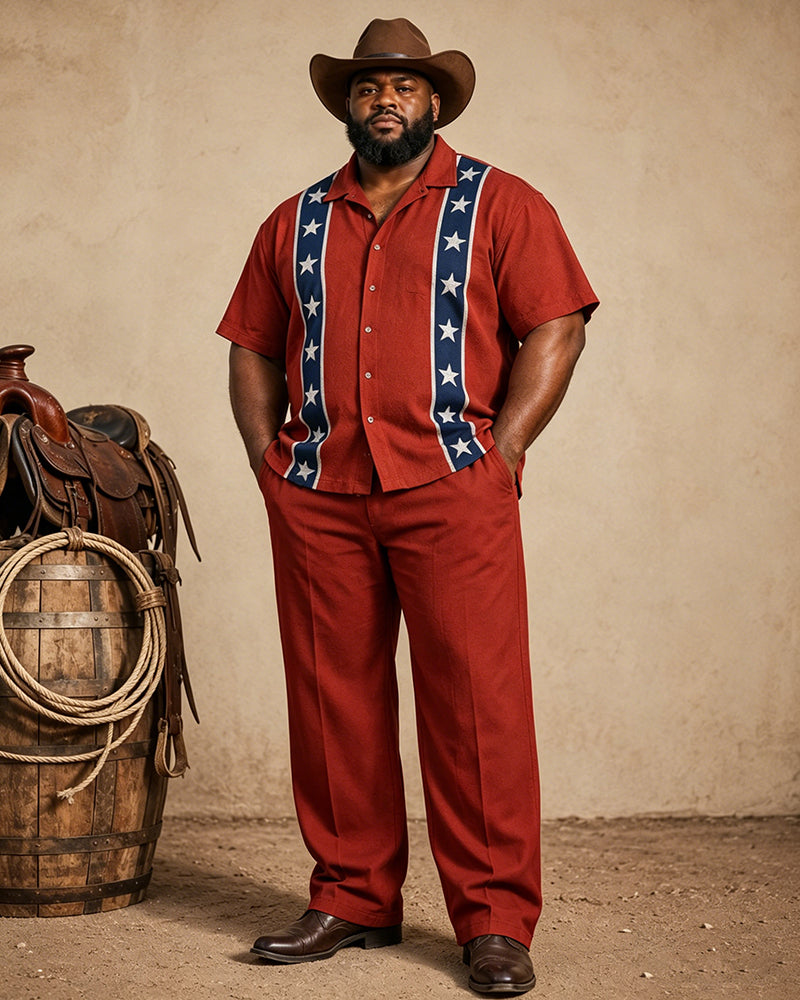 Big & Tall Men's Western Red Blue And White Star Printed Short Sleeve Shirt Pants Set