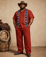 Big & Tall Men's Western Red Blue And White Star Printed Short Sleeve Shirt Pants Set