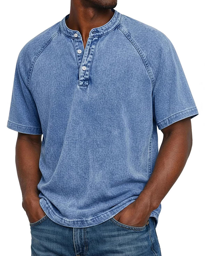 S-4XL Solid Color Washed Cotton Henry Neck Short Sleeve