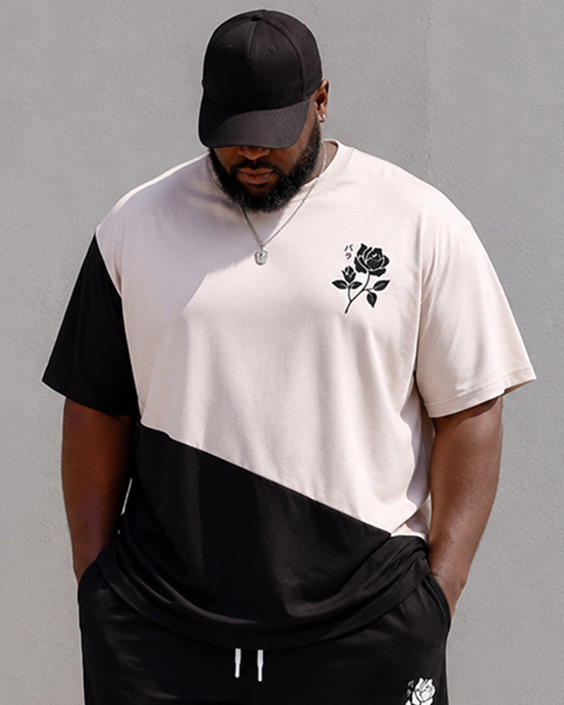 Big & Tall Men's Contrast Rose Print Round Neck Short Sleeve T-Shirt Shorts Set