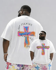 Big & Tall Men's Graffiti GOD IS GOOD Cross Print T-Shirt Trousers Set