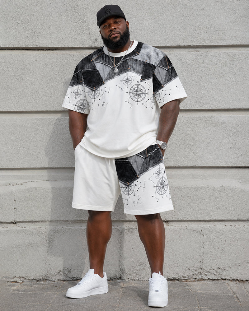 Big & Tall Men’s Distressed Denim Patchwork Compass Star Chart Printed Crew-Neck Short-Sleeve T-Shirt And Shorts Set