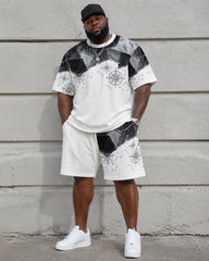 Big & Tall Men’s Distressed Denim Patchwork Compass Star Chart Printed Crew-Neck Short-Sleeve T-Shirt And Shorts Set