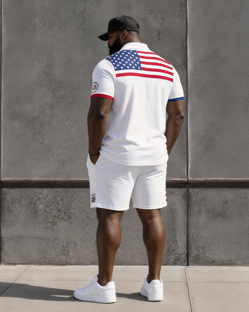 Big & Tall Men's Stars And Stripes Patchwork Printed POLO Short Sleeve Shorts Set