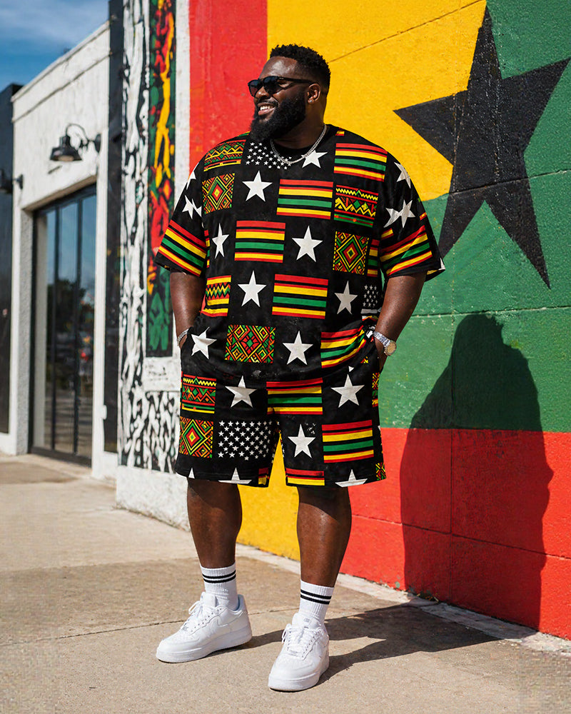 Big & Tall Men's Reggae Color Star Geometric Print Round Neck Short Sleeve T-Shirt Shorts Set