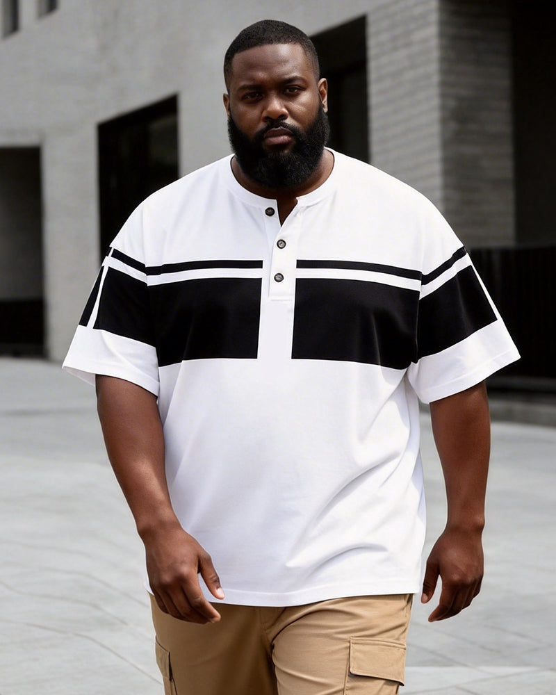 Big & Tall Men's Black And White Contrast Printed Henry Collar Button Short Sleeve T-Shirt
