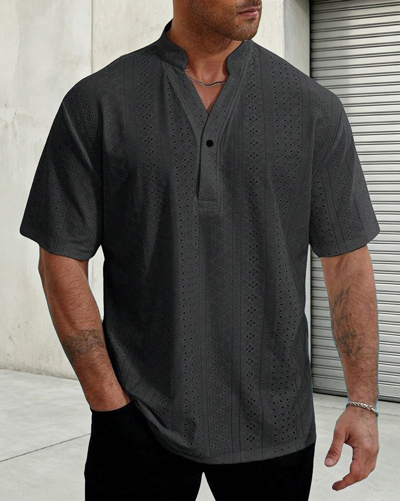2XL-6XL Solid Color Knitted Water Soluble Jacquard Button Sleeve Men's Shirt