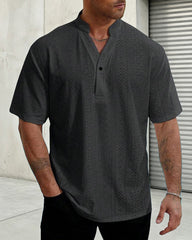 2XL-6XL Solid Color Knitted Water Soluble Jacquard Button Sleeve Men's Shirt
