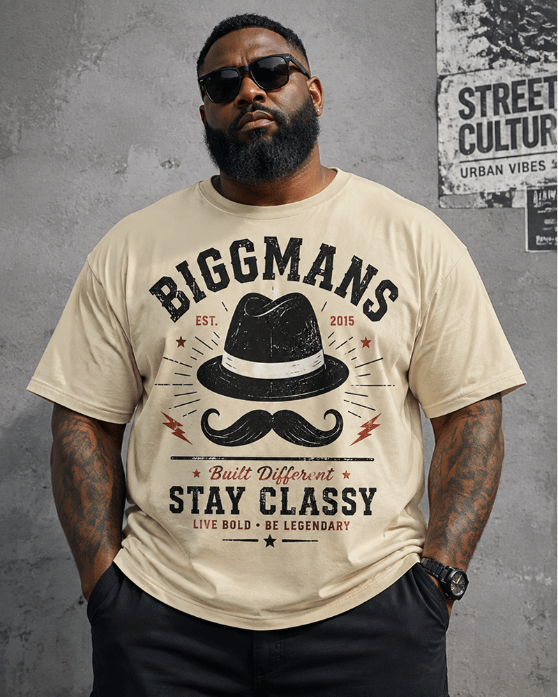 Big & Tall Men's Vintage Antique Topper Hat Beard Printed Round Neck Short Sleeve T-Shirt