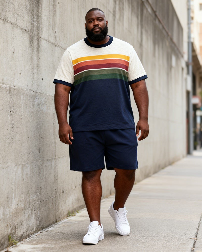 Big & Tall Men's Retro Gradient Rainbow Stripe Print Round Neck Short Sleeve T-Shirt Shorts Set