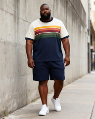Big & Tall Men's Retro Gradient Rainbow Stripe Print Round Neck Short Sleeve T-Shirt Shorts Set