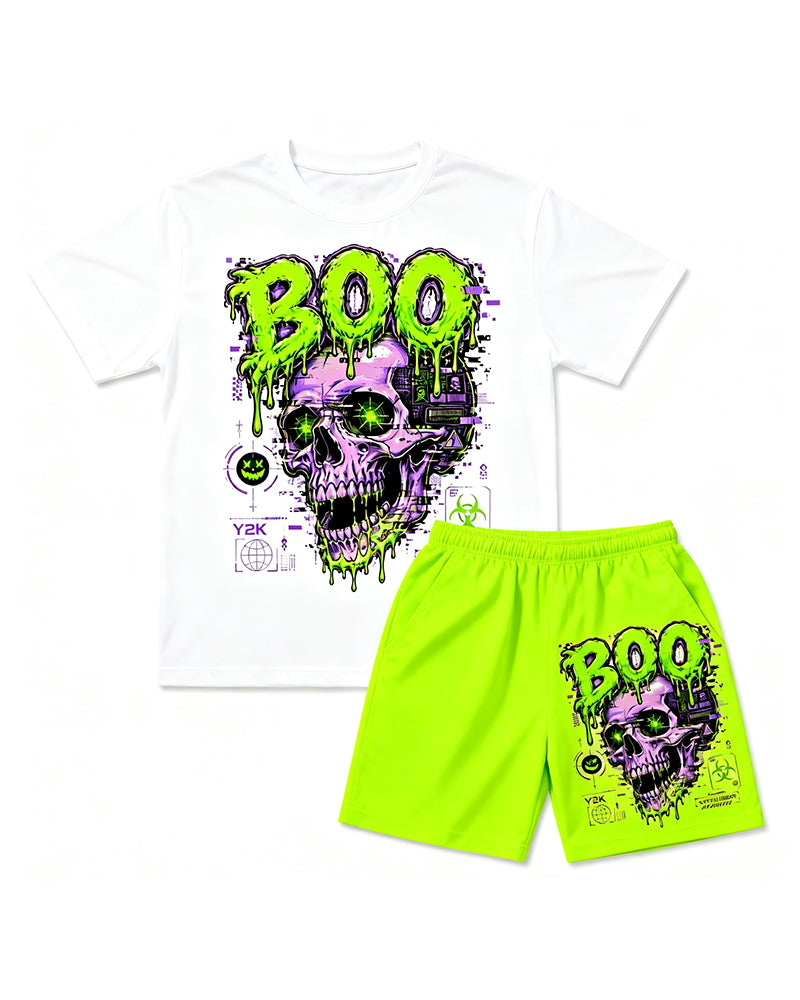 Big & Tall Men's BOO Skull Graffiti Print Round Neck Short Sleeve T-Shirt Shorts Set