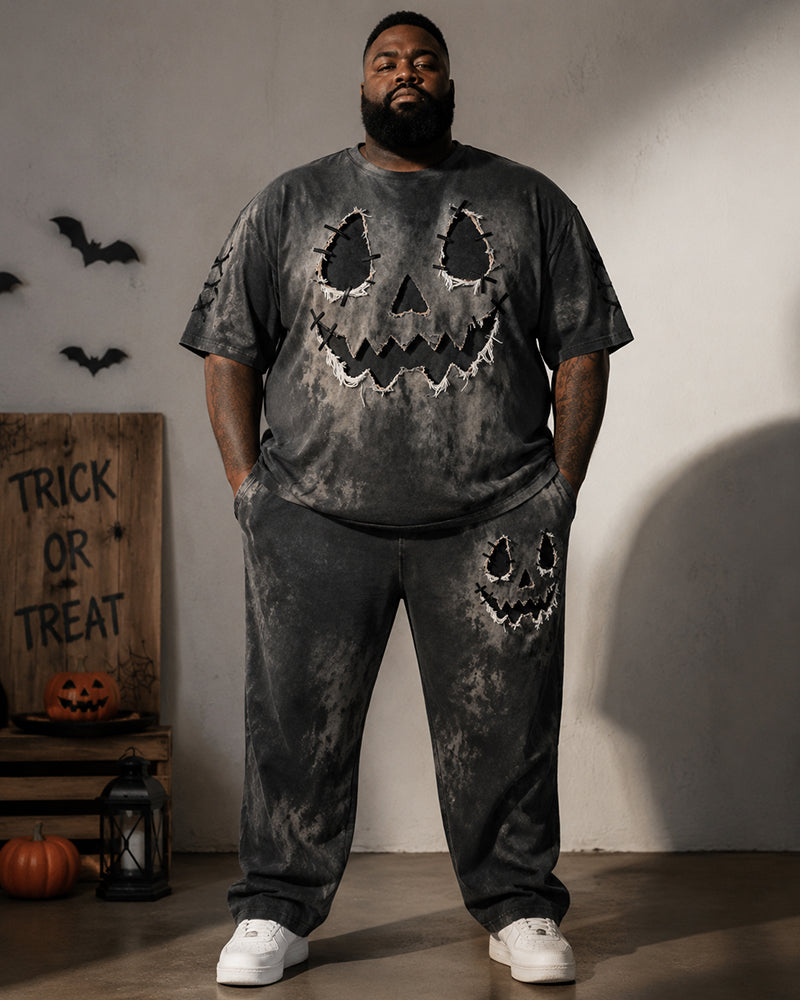 Big & Tall Men's Halloween Rough-edged Pumpkin Grimace Printed T-shirt Trousers Set