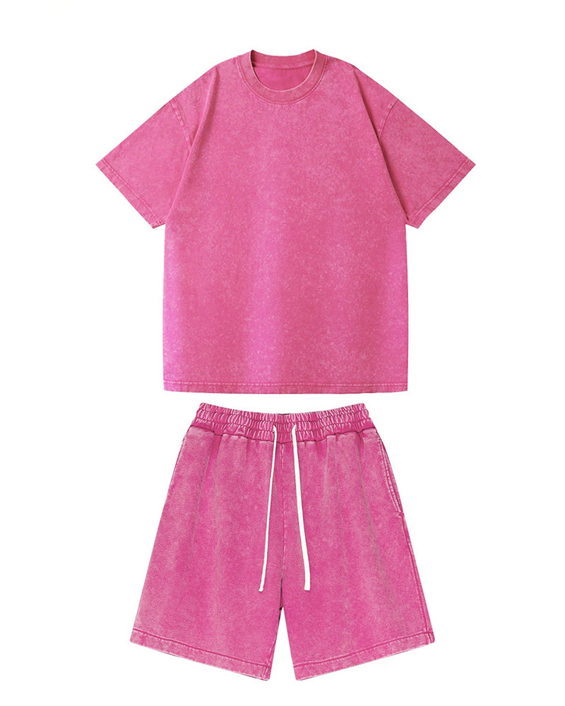 S-3XL Heavyweight Pure Cotton Washed-and-distressed T-shirt And Capri Pants Casual Set