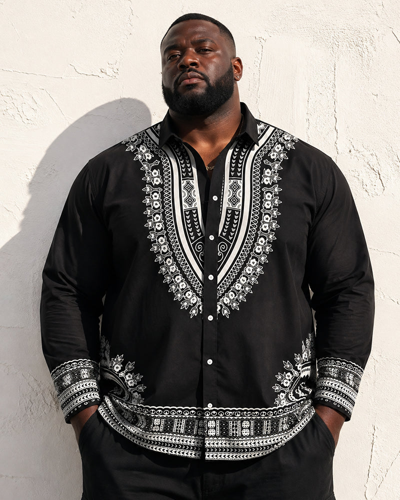 Big & Tall Men's Black African Ethnic Print Long Sleeve Shirt