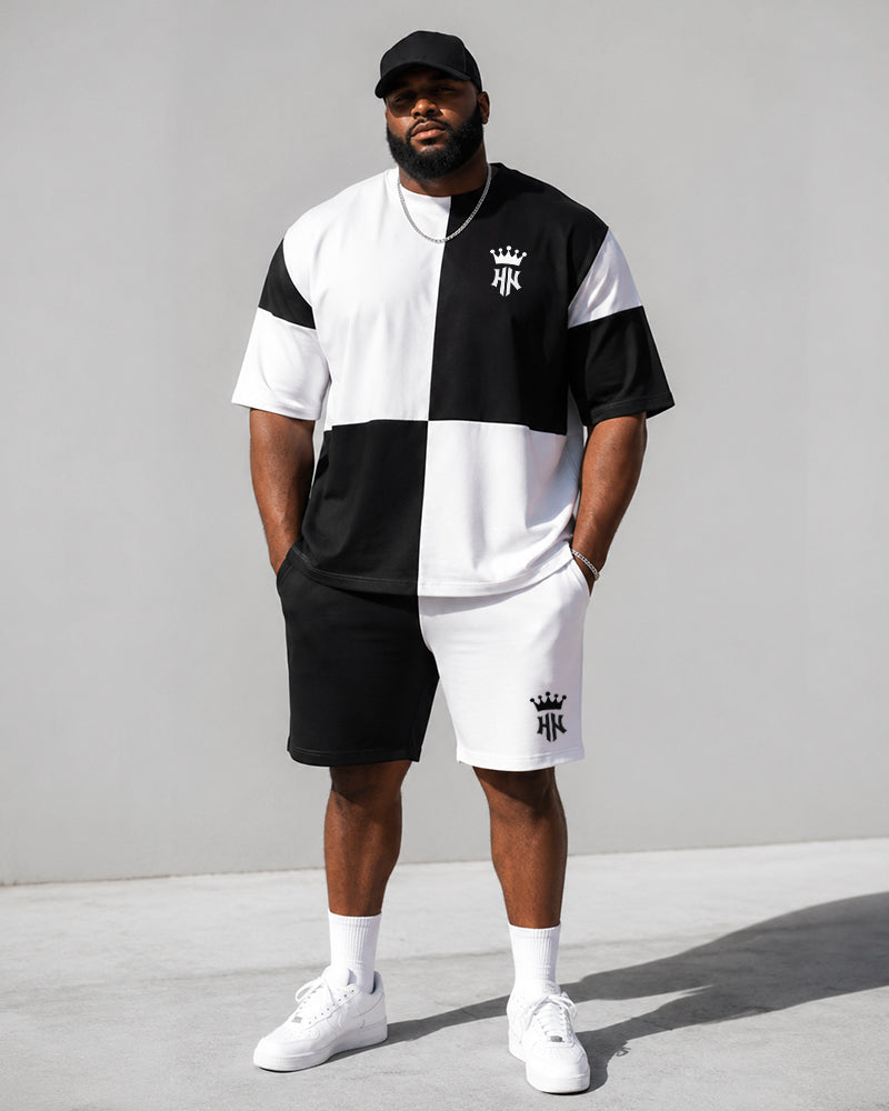 Big & Tall Men's Black And White Checkerboard Stitching Crown Printed Round Neck Short Sleeve T-shirt Shorts Set