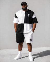 Big & Tall Men's Black And White Checkerboard Stitching Crown Printed Round Neck Short Sleeve T-shirt Shorts Set