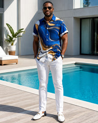 Big & Tall Men's Blue Gold Fluid Art Print Short Sleeve Shirt Pants Set