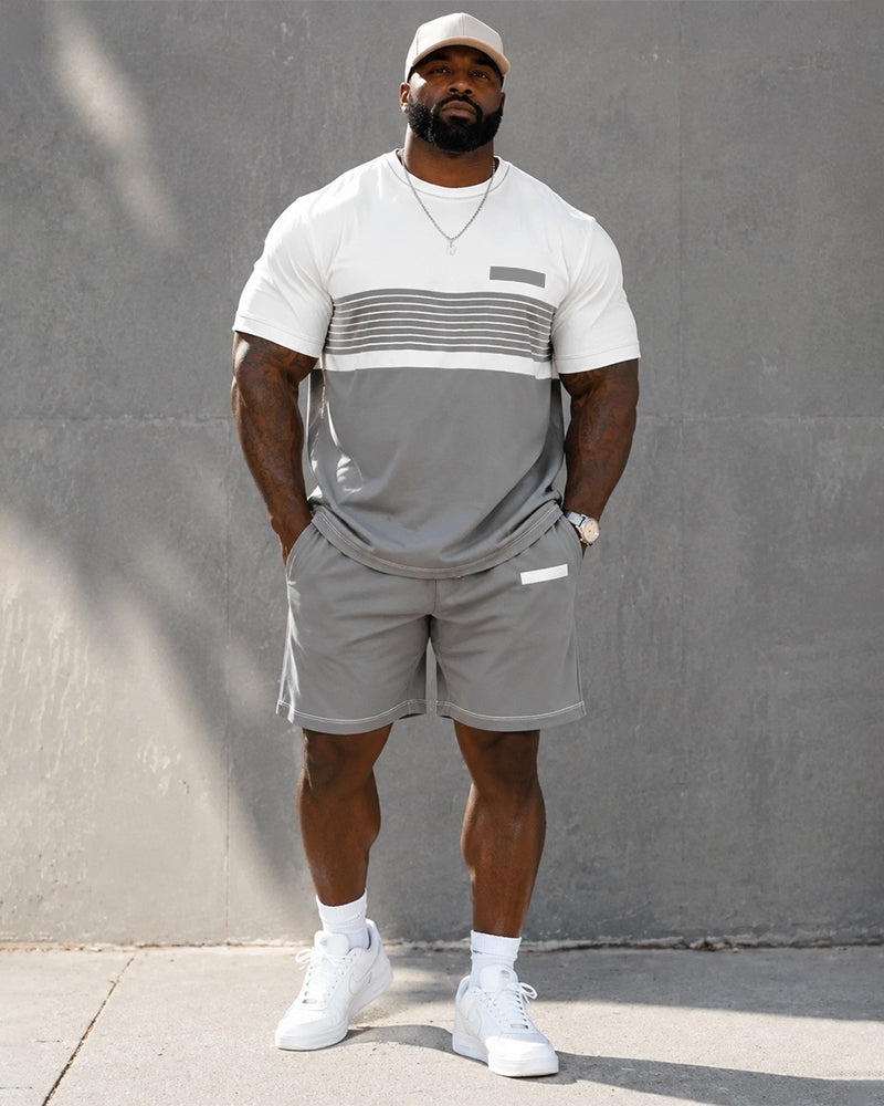 Big & Tall Men's Gray And White Horizontal Stripes Contrast Printed Crew Neck Short Sleeve T-shirt Shorts Set