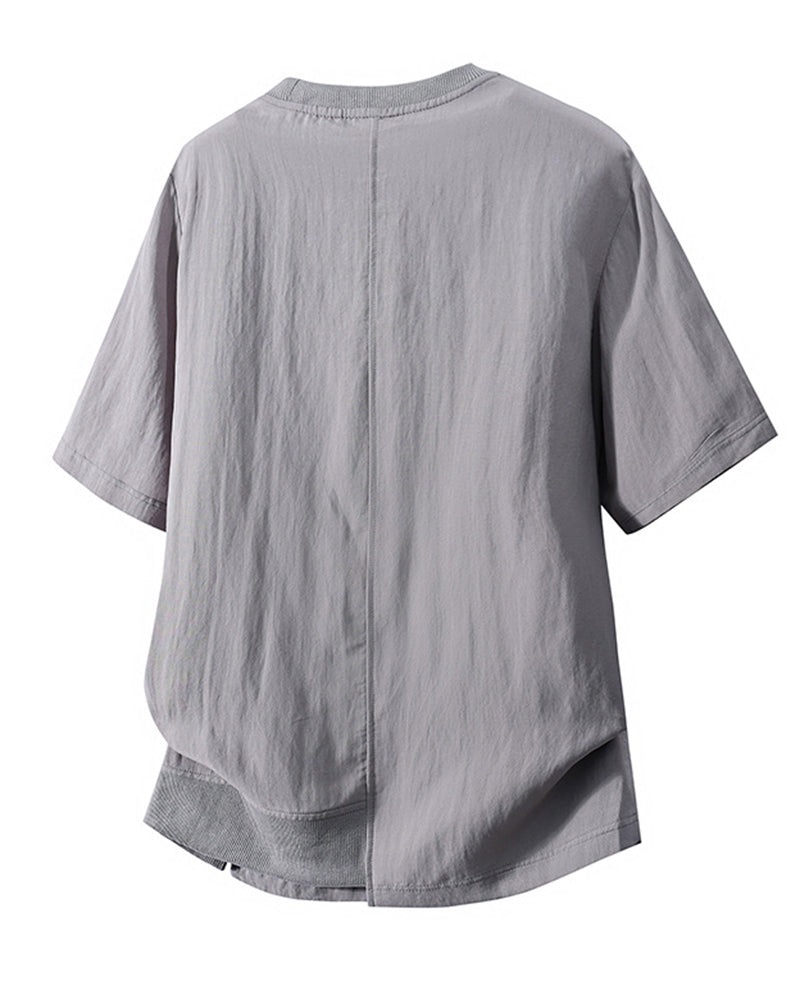 L-9XL Solid Color Striped Double-sided Cotton Round Neck Short Sleeve T-shirt