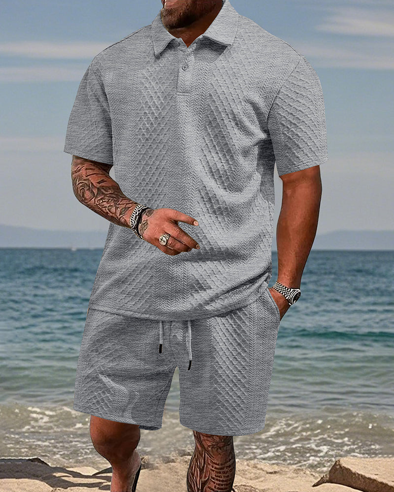 S-5XL Jacquard Men's Casual Sports Lapel Polo Shirt Short Sleeve Suit