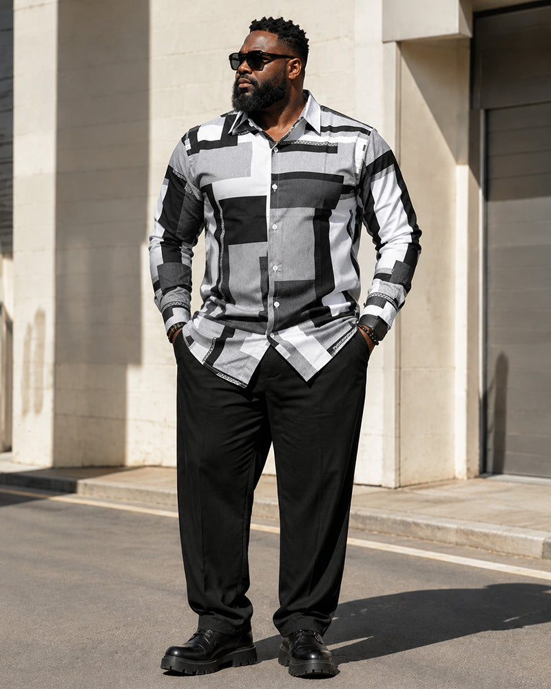 Big & Tall Men's Black And White Gray Irregular Block Printed Long Sleeve Shirt Trousers Set