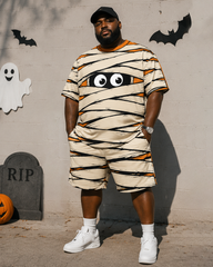 Big & Tall Men's Halloween Mummy Bandage Eye Print Round Neck Short Sleeve T-Shirt Shorts Set
