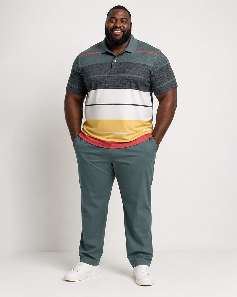 Big & Tall Men's Stripe Contrast Printed Polo Short Sleeve Pants Set