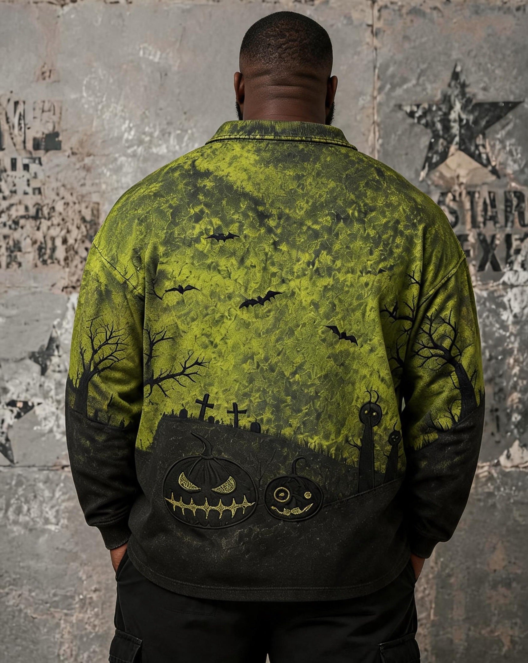 Big & Tall Men's Halloween Pumpkin Bat Cemetery Print POLO Collar Zipper Long Sleeve