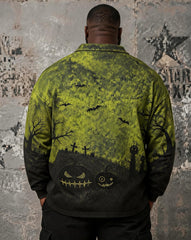 Big & Tall Men's Halloween Pumpkin Bat Cemetery Print POLO Collar Zipper Long Sleeve