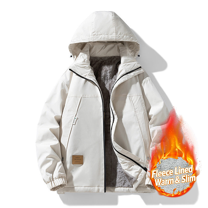 L-9XL Hooded Drawstring Solid Color Windproof Fleece Jacket