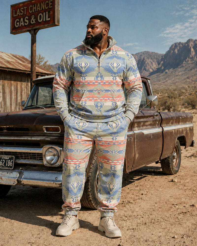 Big & Tall Men's Retro Western Diamond Totem Print Half Zip Sweatshirt Set