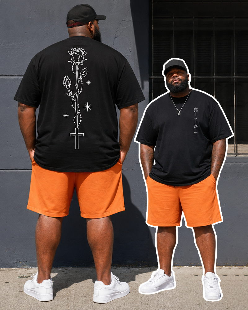 Big & Tall Men's Line Rose Cross Star Front And Back Printed Crewneck Short Sleeve T-Shirt Shorts Set