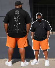 Big & Tall Men's Line Rose Cross Star Front And Back Printed Crewneck Short Sleeve T-Shirt Shorts Set