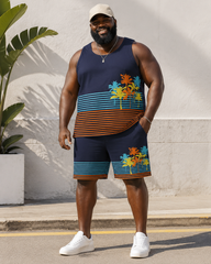 Big & Tall Men's Color Contrast Horizontal Stripe Coconut Tree Print Vest Shorts Set