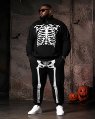 Big & Tall Men's Black And White Skull Skeleton Printed Half-Zip Sweat Set