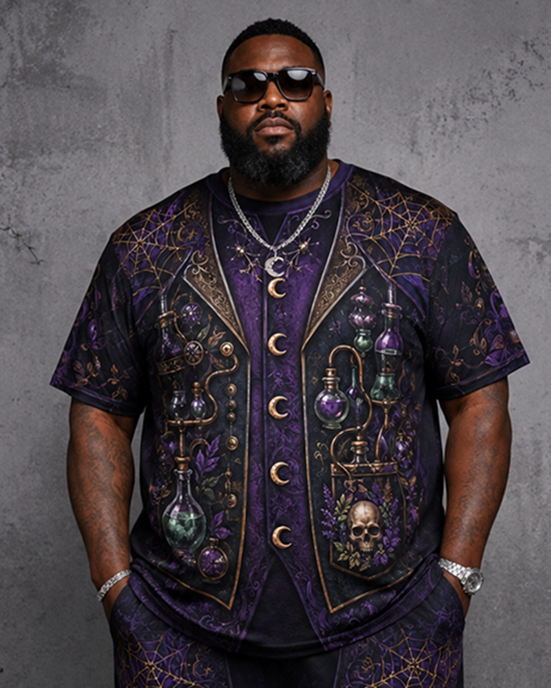 Big & Tall Men's Purple Magic Medicine Bottle Vest Gothic Printed T-Shirt Pants Set