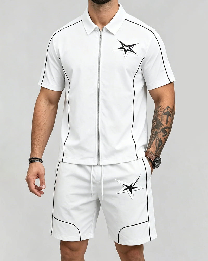 S-6XL Star Print Zip Shirt Set Beach Two-Piece Set