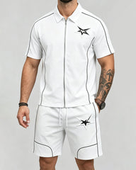 S-6XL Star Print Zip Shirt Set Beach Two-Piece Set