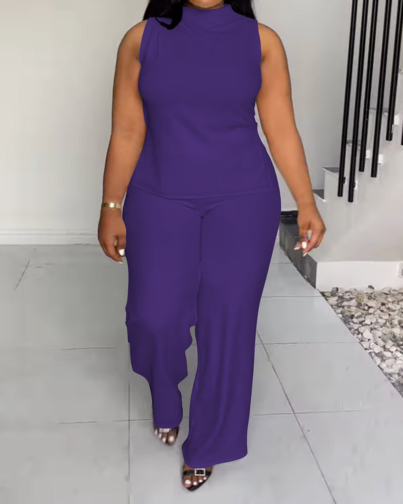 XL-4XL Women's Solid Color Casual Sleeveless Pants Set