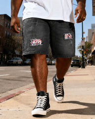 M-6XL Large Size Men's Black And Grey Washed White American Flag Cloth Rick Denim Shorts